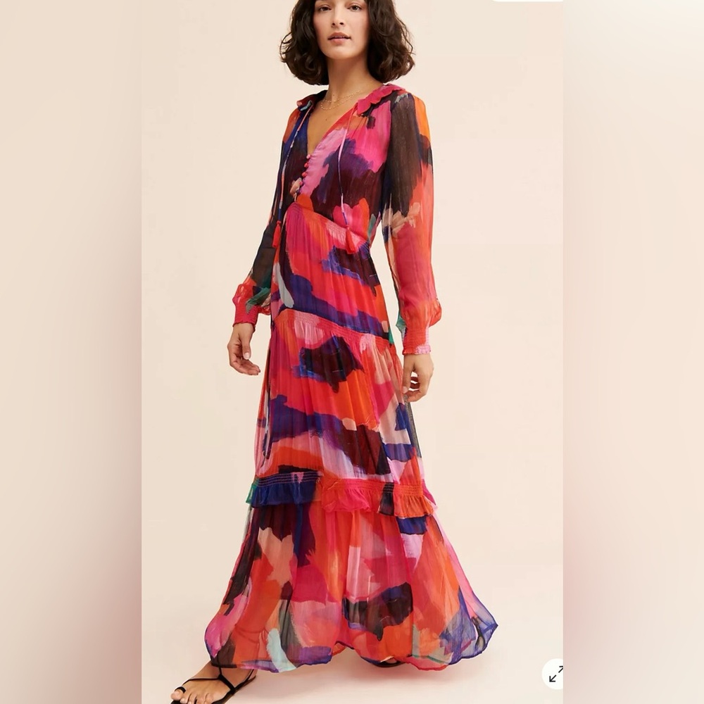 Z011.Anthropologie Marais Printed Tiered Maxi Dress Vibrant Multicolor Maxi